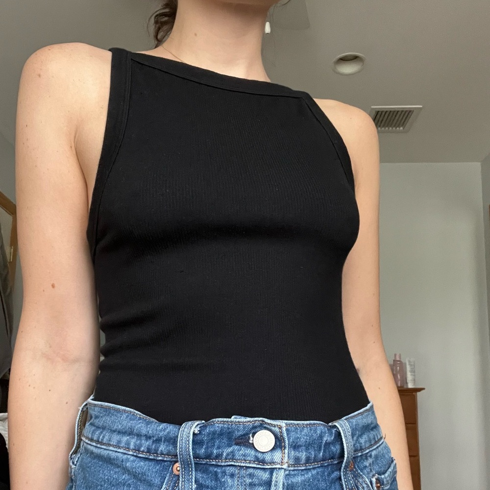 Black Boat Neck Ribbed Top